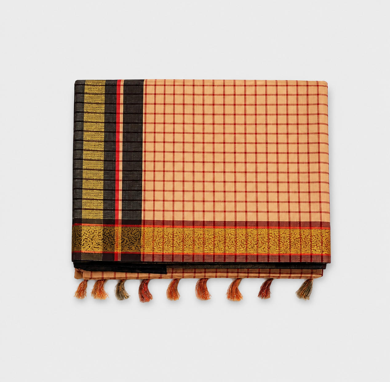 ANEKVASTRAM Women's Beige Checked Cotton Silk Saree with Black & Gold Border | Traditional Handloom Style Saree with Tassels | Ethnic Wear for Office, Festivals & Casual Occasions