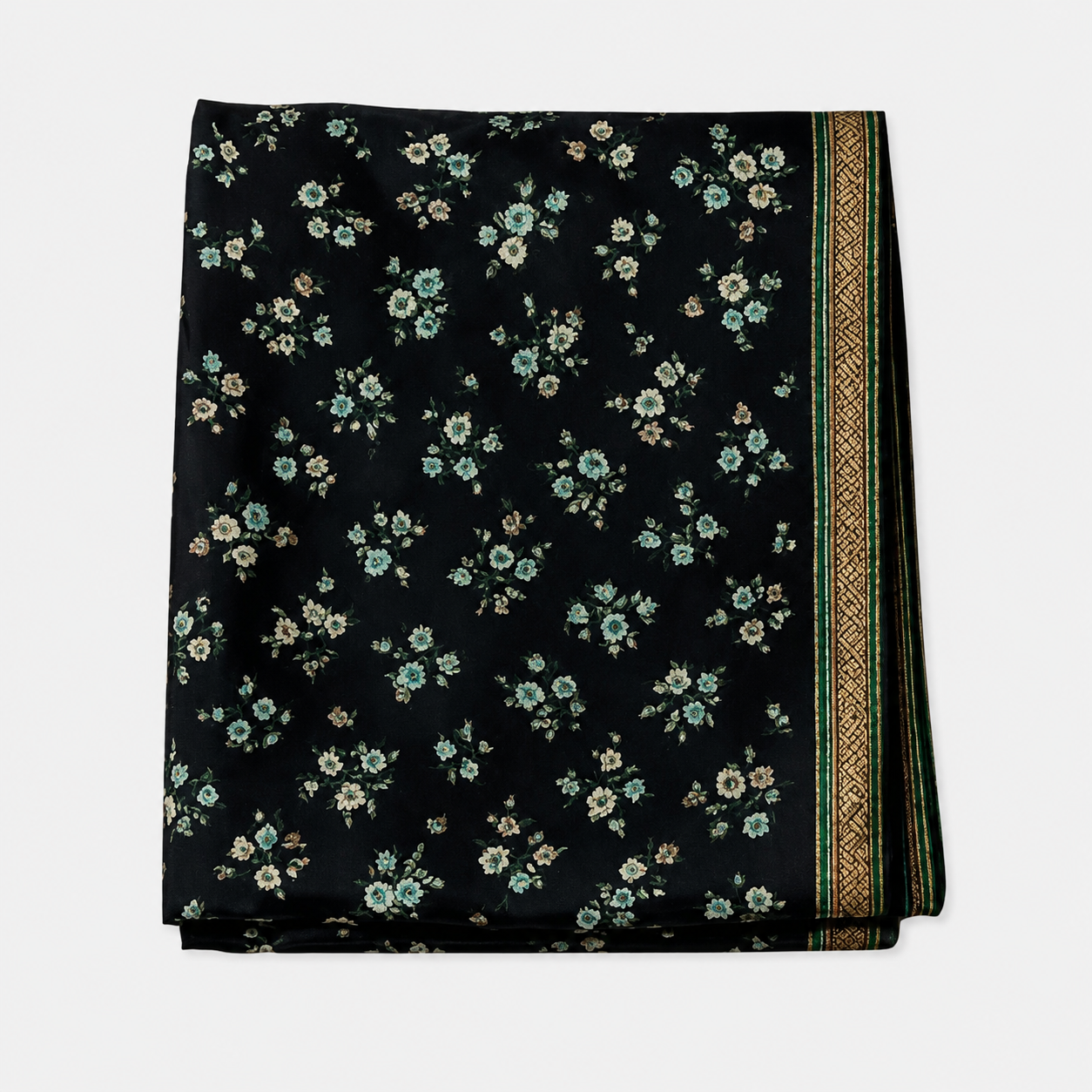 ANEKVASTRAM Women's Black Floral Printed Chiffon Saree with Green & Gold Border | Elegant Lightweight Saree with Blouse Piece for Festive, Party & Casual Wear