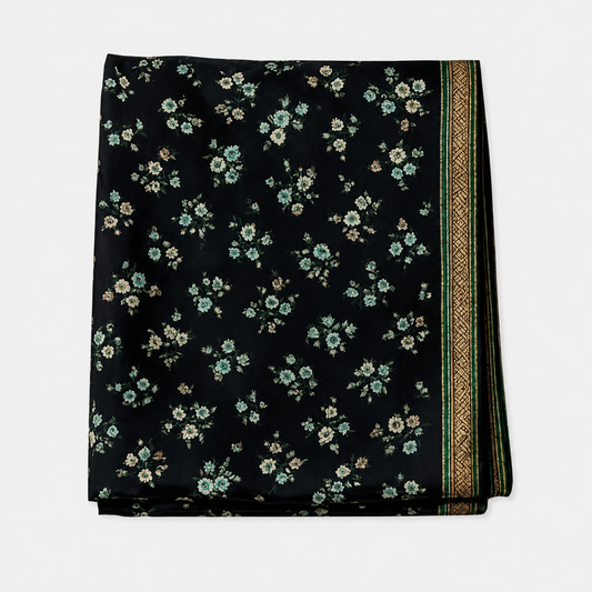 ANEKVASTRAM Women's Black Floral Printed Chiffon Saree with Green & Gold Border | Elegant Lightweight Saree with Blouse Piece for Festive, Party & Casual Wear