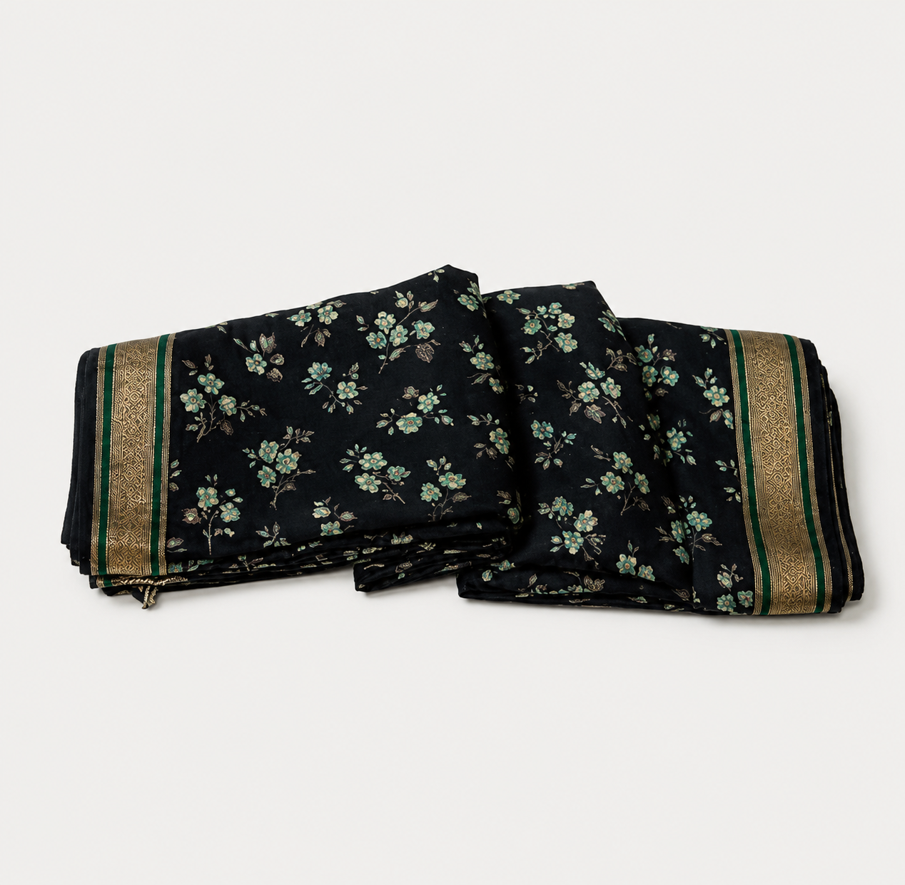 ANEKVASTRAM Women's Black Floral Printed Chiffon Saree with Green & Gold Border | Elegant Lightweight Saree with Blouse Piece for Festive, Party & Casual Wear