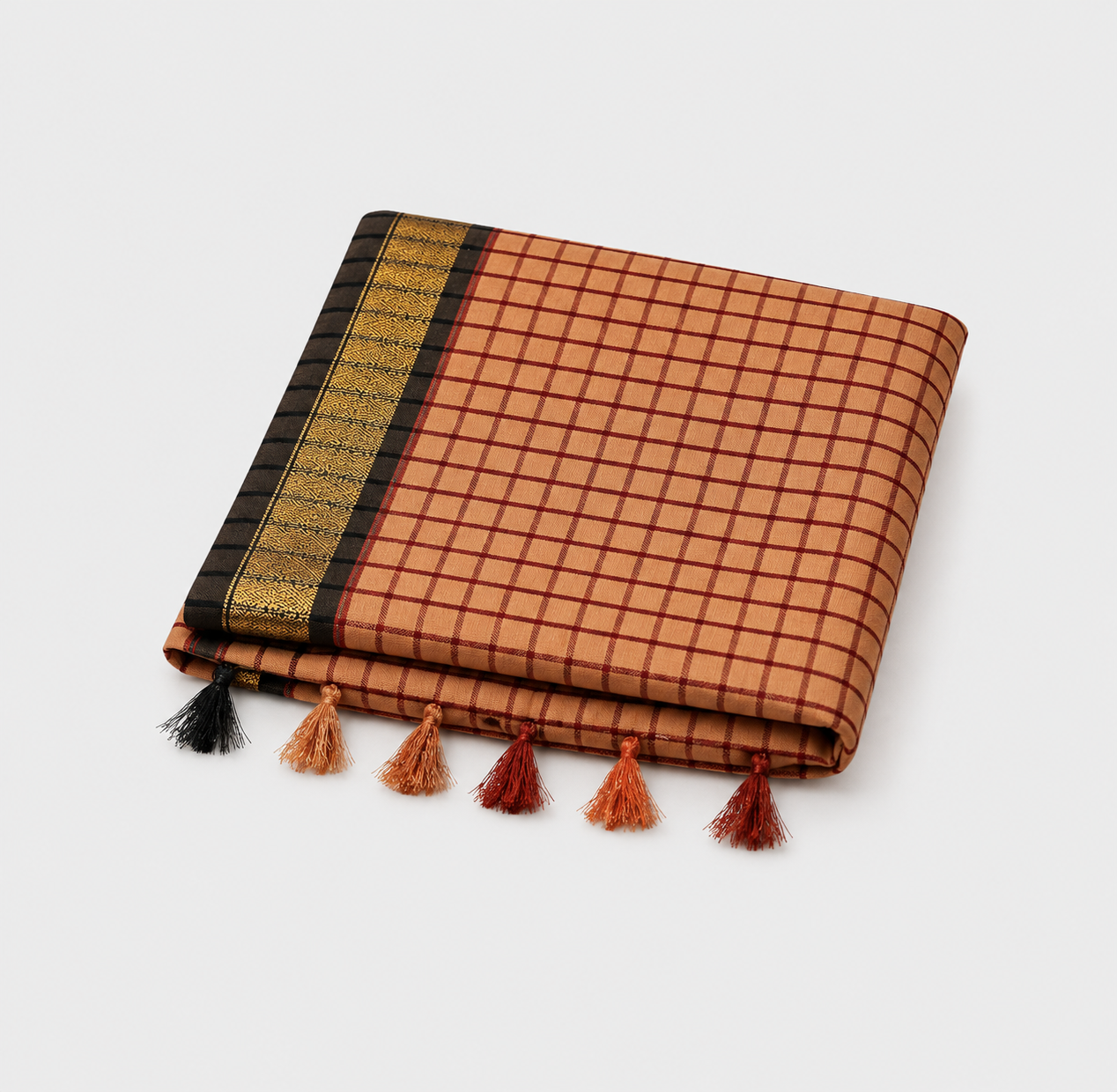 ANEKVASTRAM Women's Beige Checked Cotton Silk Saree with Black & Gold Border | Traditional Handloom Style Saree with Tassels | Ethnic Wear for Office, Festivals & Casual Occasions