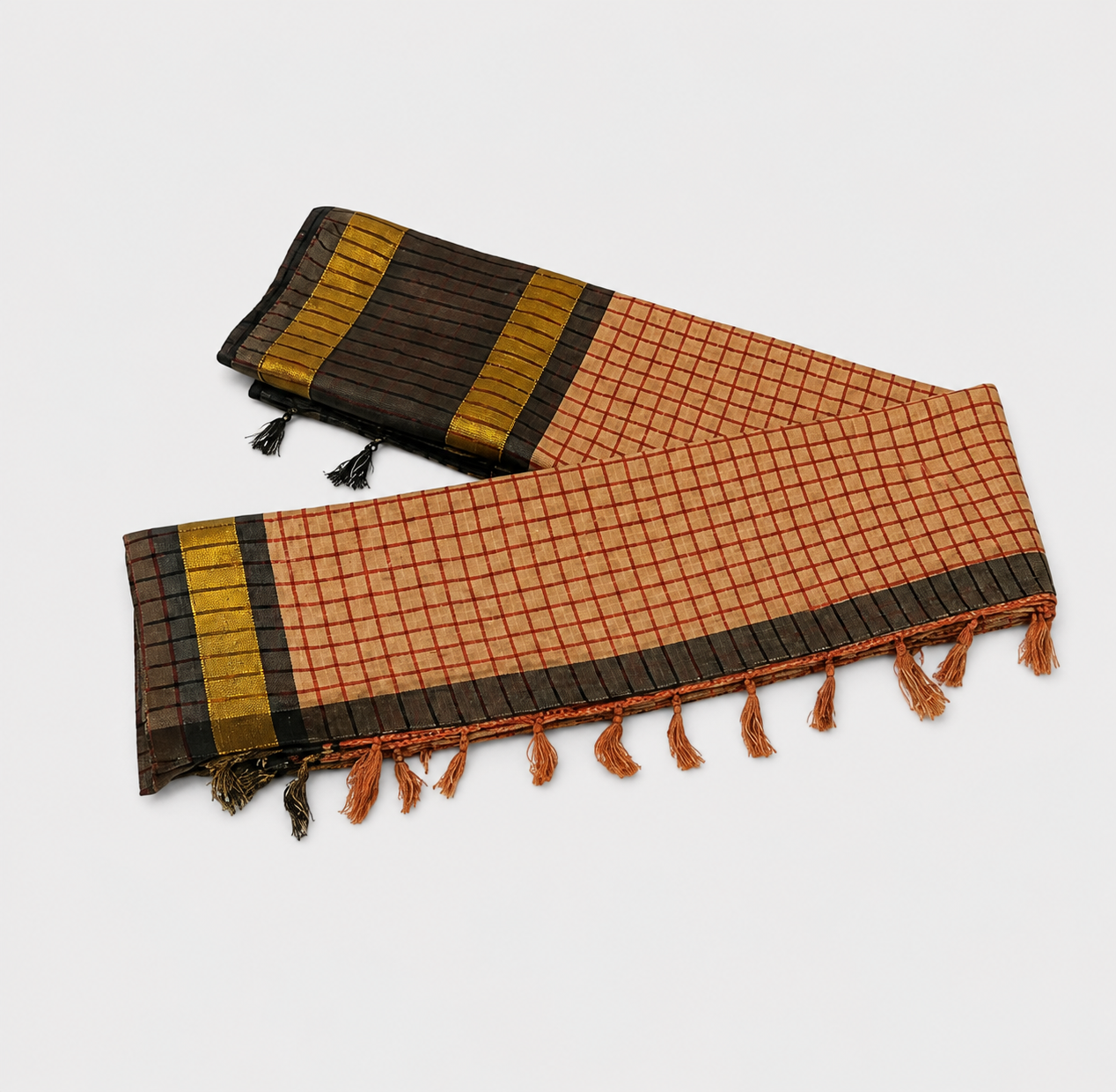 ANEKVASTRAM Women's Beige Checked Cotton Silk Saree with Black & Gold Border | Traditional Handloom Style Saree with Tassels | Ethnic Wear for Office, Festivals & Casual Occasions