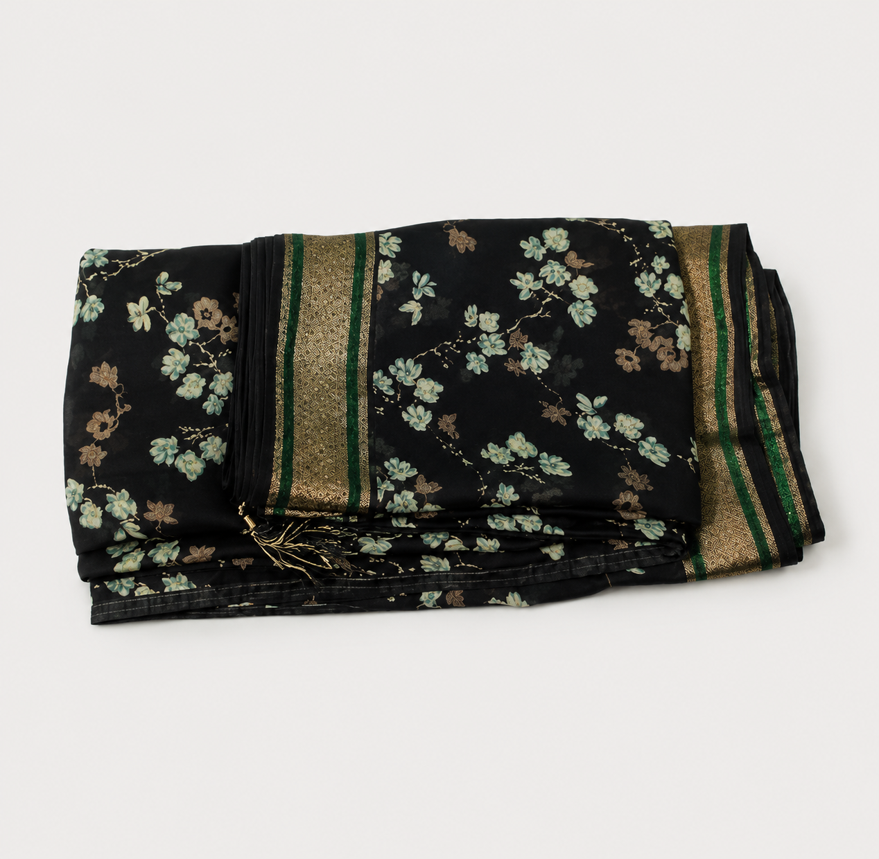 ANEKVASTRAM Women's Black Floral Printed Chiffon Saree with Green & Gold Border | Elegant Lightweight Saree with Blouse Piece for Festive, Party & Casual Wear