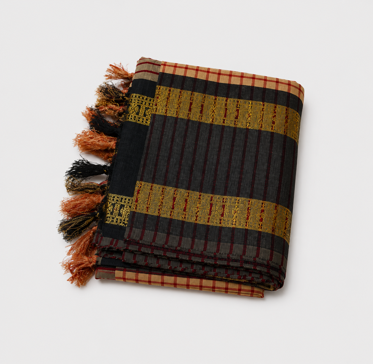 ANEKVASTRAM Women's Beige Checked Cotton Silk Saree with Black & Gold Border | Traditional Handloom Style Saree with Tassels | Ethnic Wear for Office, Festivals & Casual Occasions