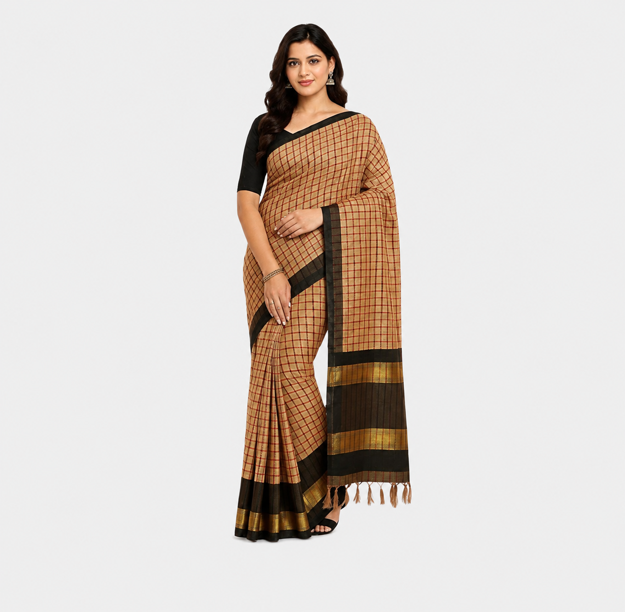 ANEKVASTRAM Women's Beige Checked Cotton Silk Saree with Black & Gold Border | Traditional Handloom Style Saree with Tassels | Ethnic Wear for Office, Festivals & Casual Occasions