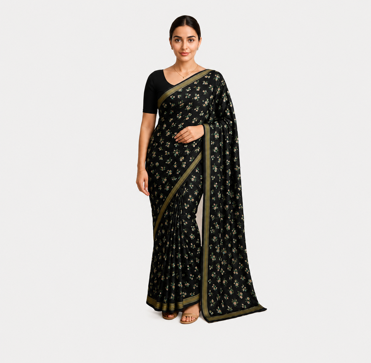 ANEKVASTRAM Women's Black Floral Printed Chiffon Saree with Green & Gold Border | Elegant Lightweight Saree with Blouse Piece for Festive, Party & Casual Wear